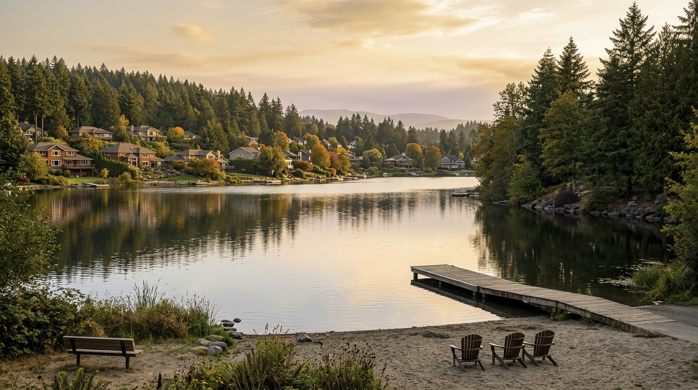 Lake Meridian swim beach and boat launch in Kent's East Hill, King County, Washington.