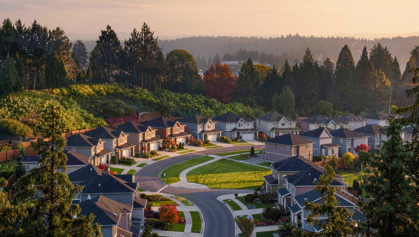 Master-planned neighborhood street in Lakeland Hills, Auburn, King County, Washington, near the King-Pierce county line.