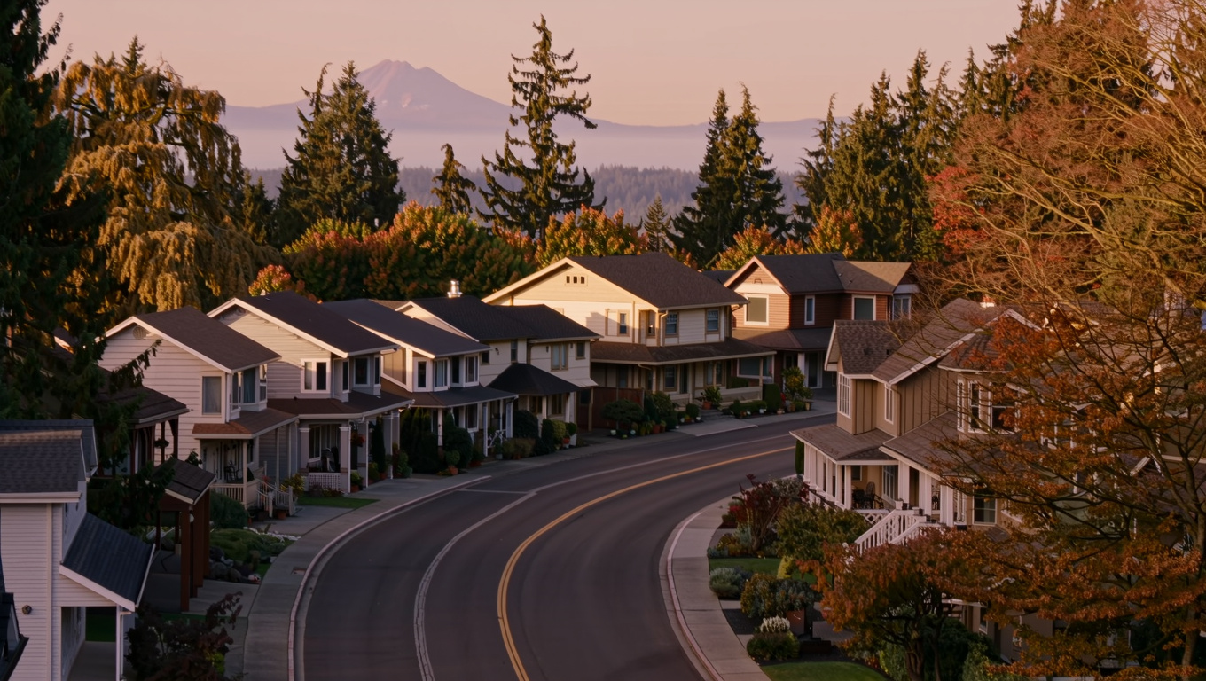 Elevated plateau neighborhood street in Lea Hill, Auburn, King County, Washington, with Pacific Northwest mountain views.