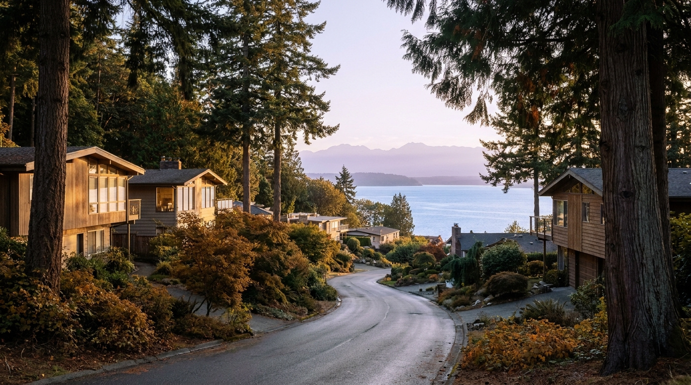 Hillside residential street with Puget Sound views in the Marine Hills neighborhood of Federal Way, King County, Washington.