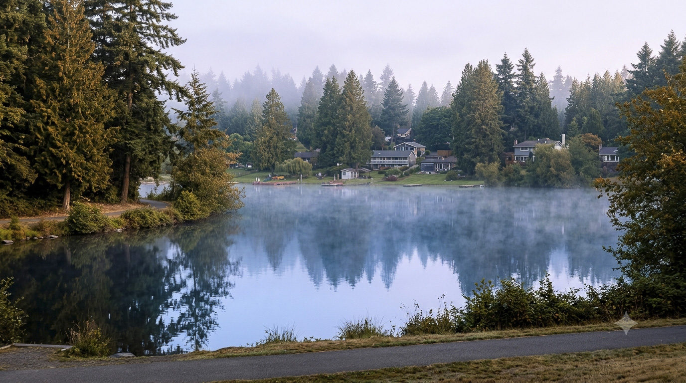 Wooded trail loop around Panther Lake in Kent's East Hill, King County, Washington.