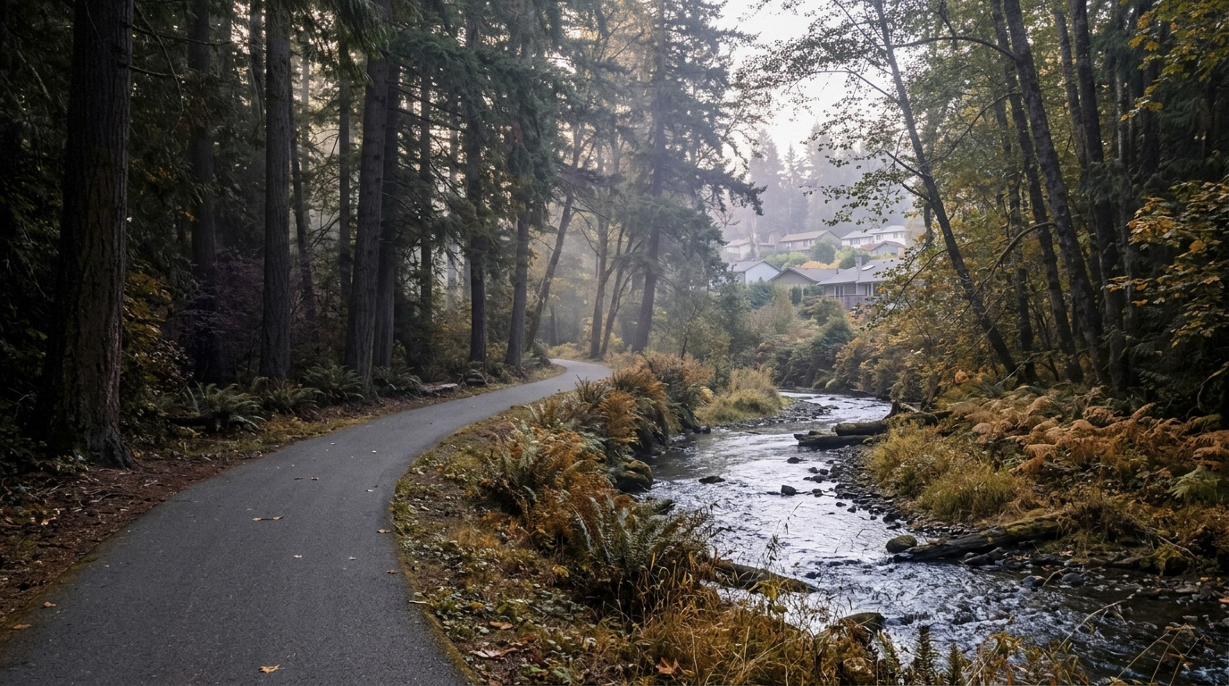 Soos Creek Trail winding through mature forest along the Soos Creek Corridor in Kent's East Hill, King County, Washington.