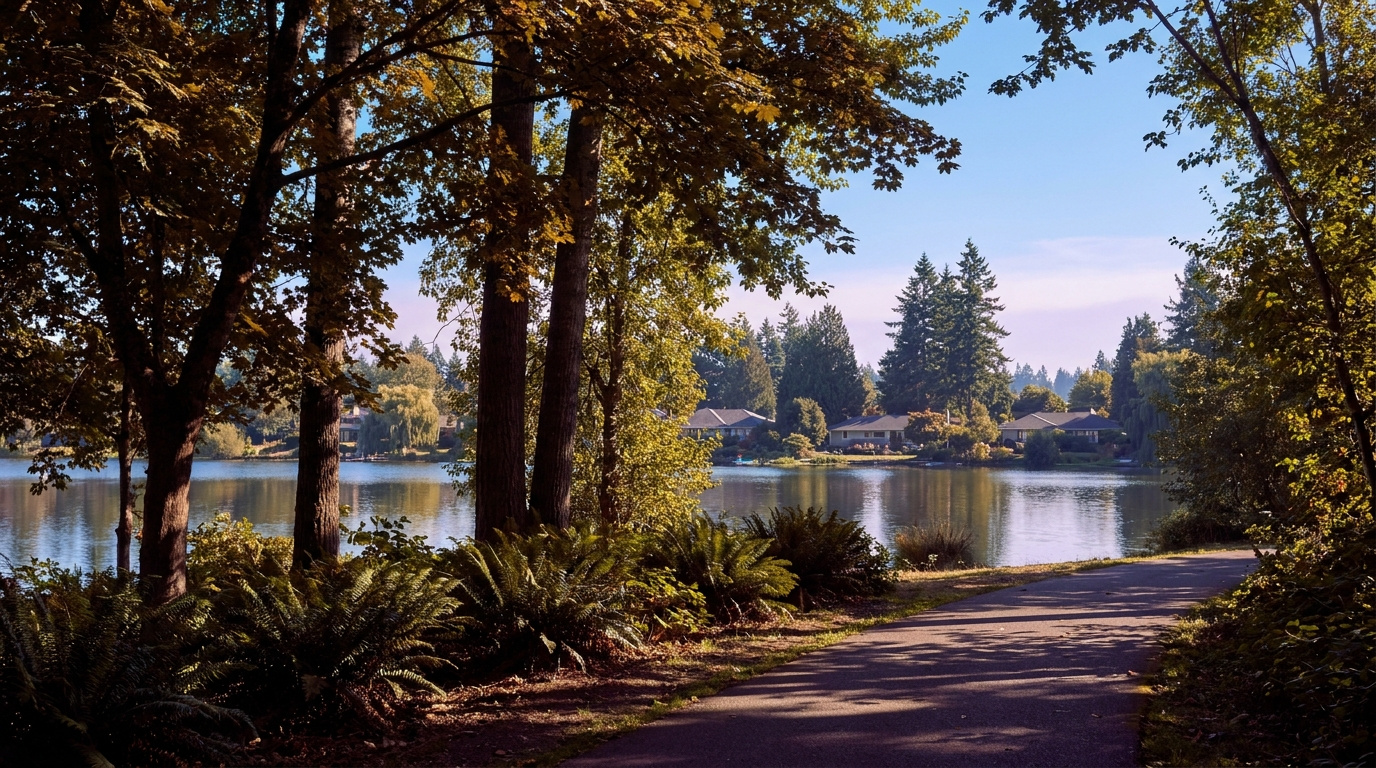 Lakefront community park and residential streets in the Steel Lake neighborhood of downtown Federal Way, King County, Washington.