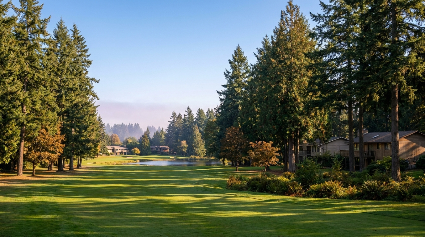 Golf course community homes around man-made lakes, Twin Lakes neighborhood of Federal Way, King County, Washington.