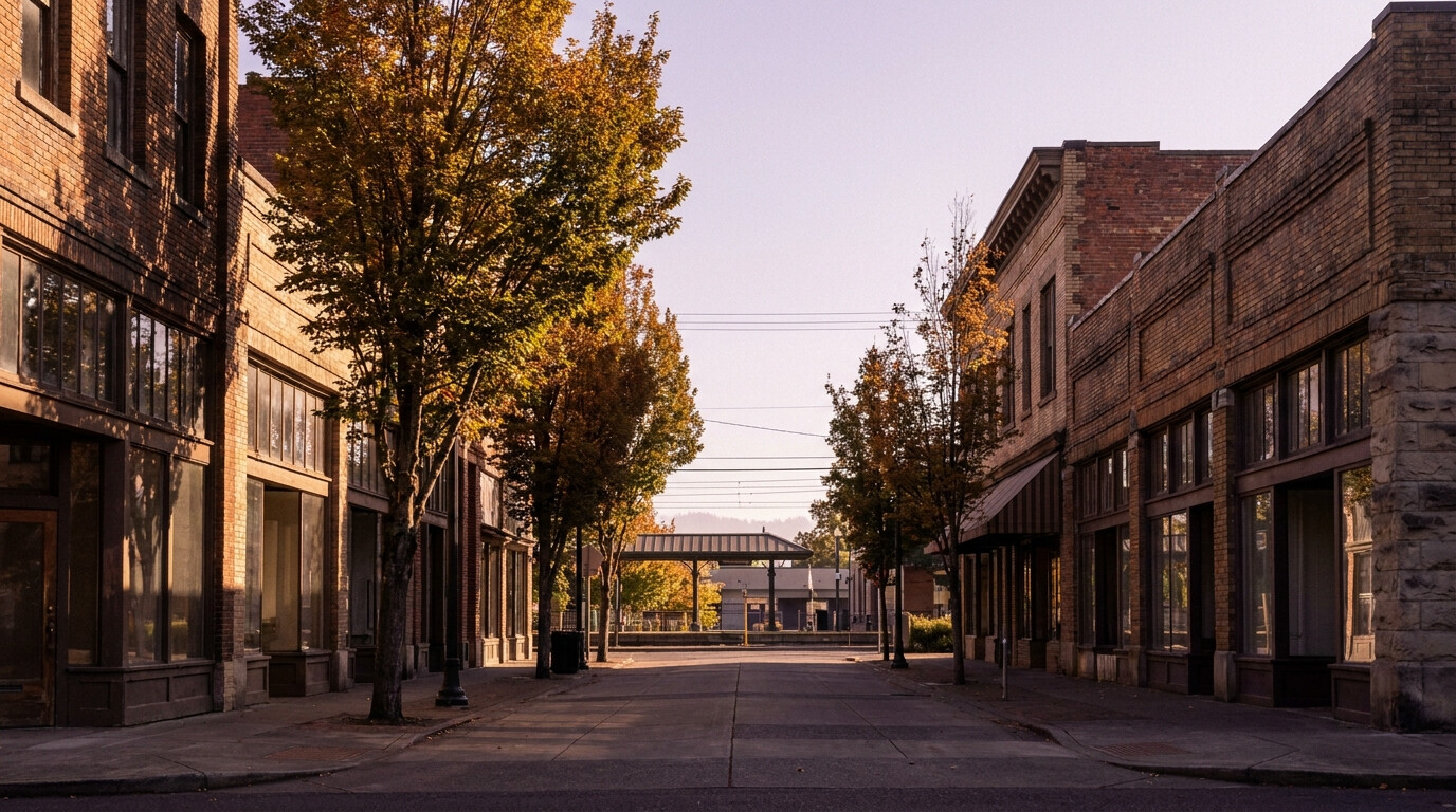 Historic downtown street in West Auburn, Auburn, King County, Washington, near the Sounder rail station.