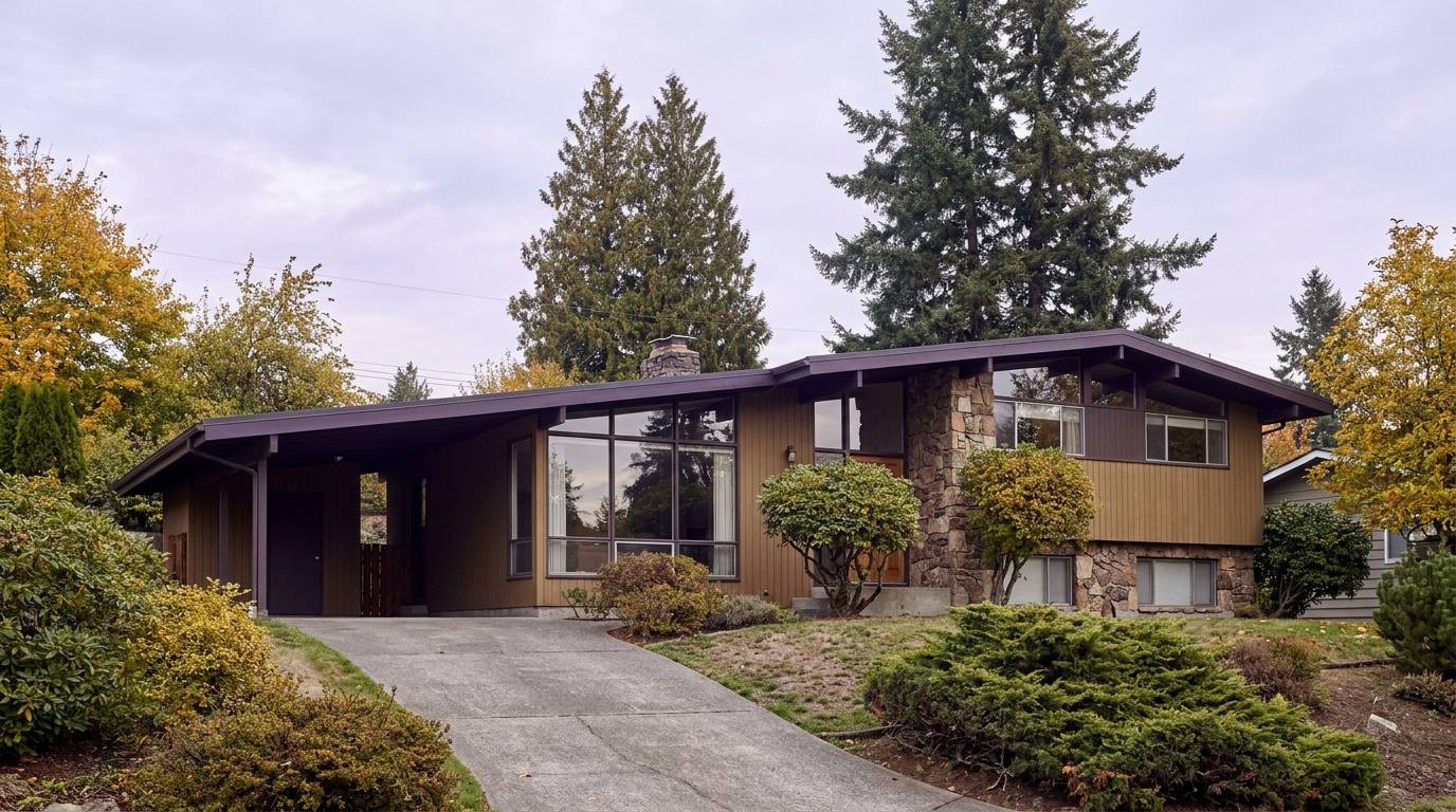 Midcentury split-level home exterior typical of the Marine Hills neighborhood of Federal Way, WA