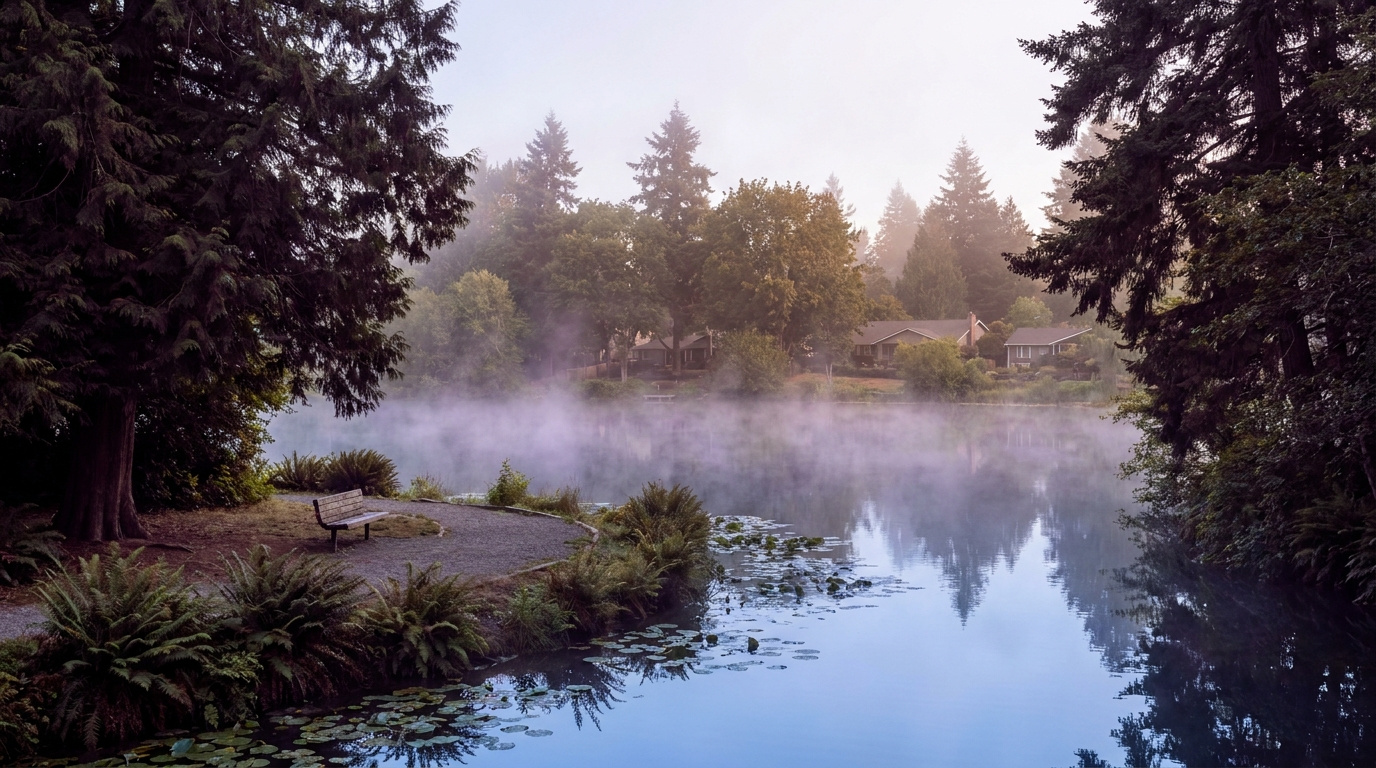Mirror Lake in Federal Way, Washington, the small neighborhood lake and park that gives the Mirror Lake neighborhood its name