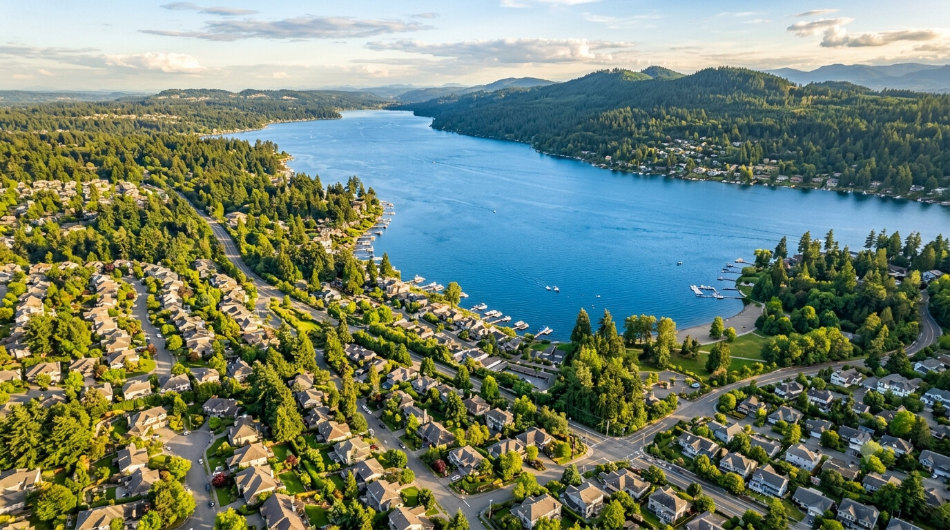 Aerial view of Lake Sammamish and surrounding neighborhoods, Sammamish WA