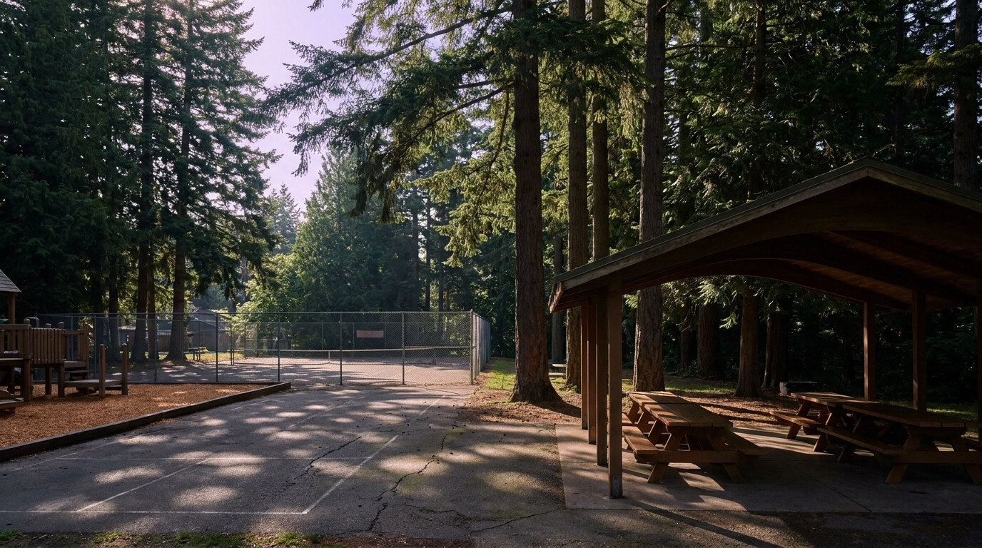 Scenic Hill Park picnic area and tennis courts shaded by evergreen trees in the Scenic Hill neighborhood of Kent, Washington