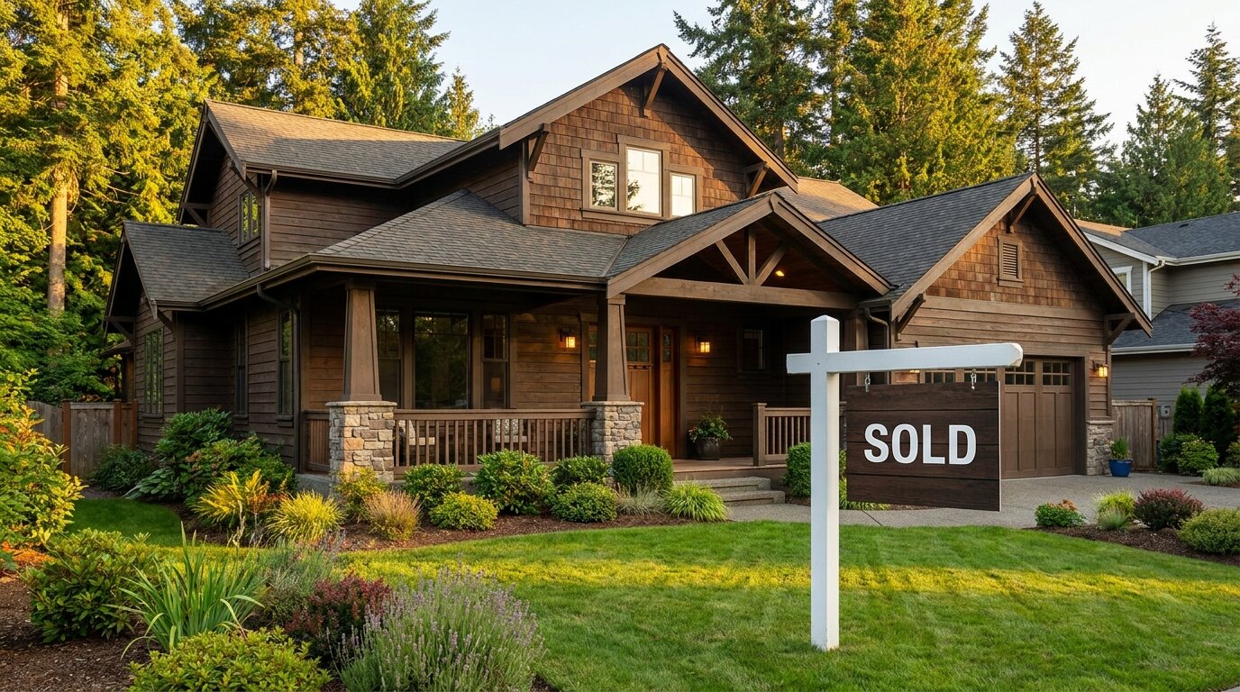 King County home with a Sold sign in the front yard at golden hour, Washington state real estate