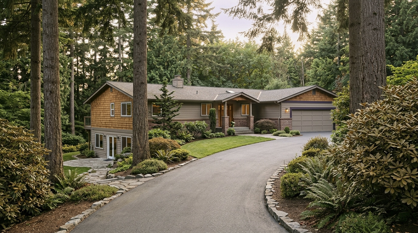 1980s daylight ranch home exterior on a wooded lot along the Soos Creek Corridor in Kent, Washington