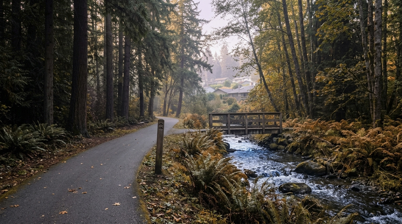 Walkers and cyclists on the paved Soos Creek Trail through the wooded corridor in Kent, Washington