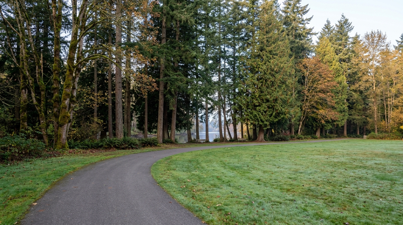 Paved loop trail and ball fields at Game Farm Park along the Stuck River, near South Auburn in Auburn, WA