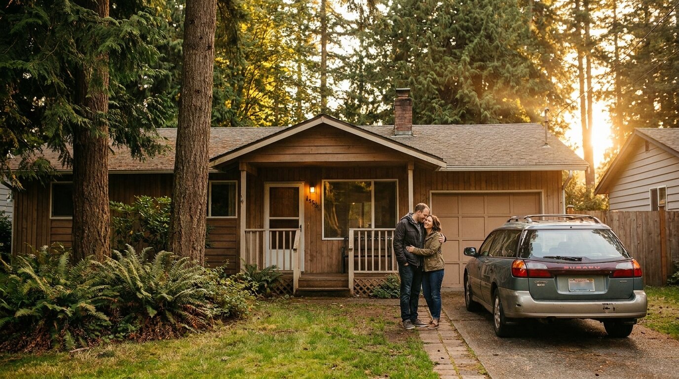 First-time home buyers outside a starter home in South King County, WA