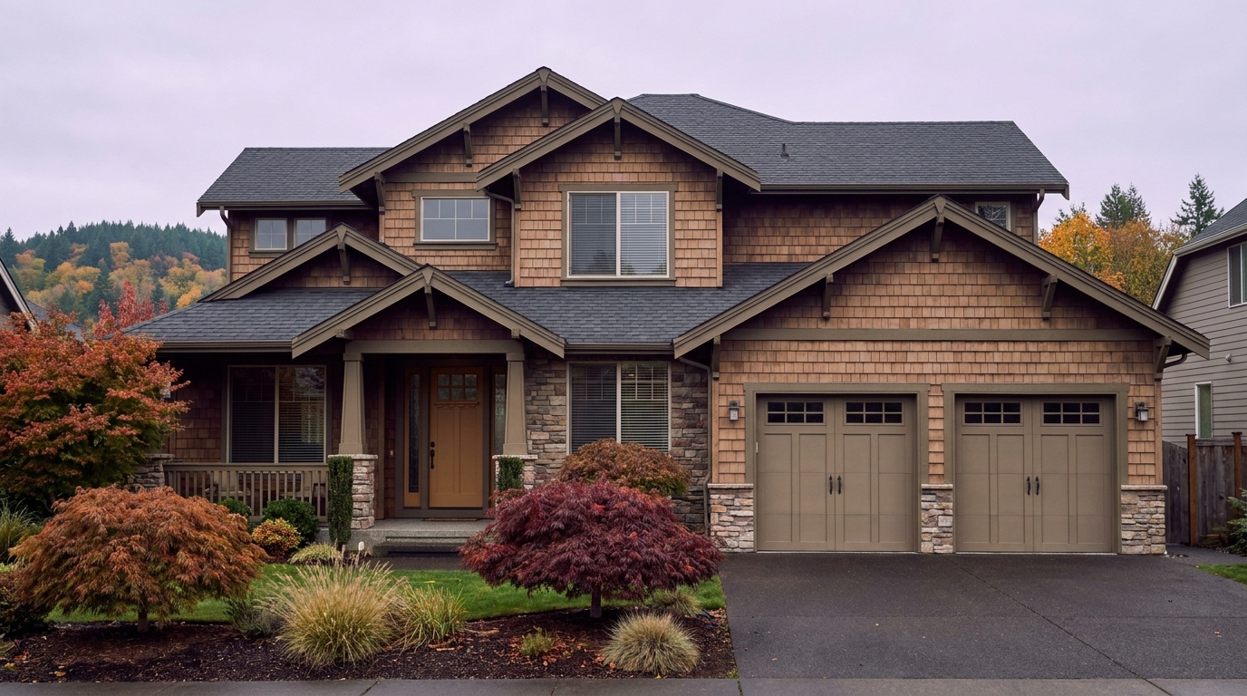 Newer construction two-story home exterior in The Bridges master-planned neighborhood, Auburn, WA