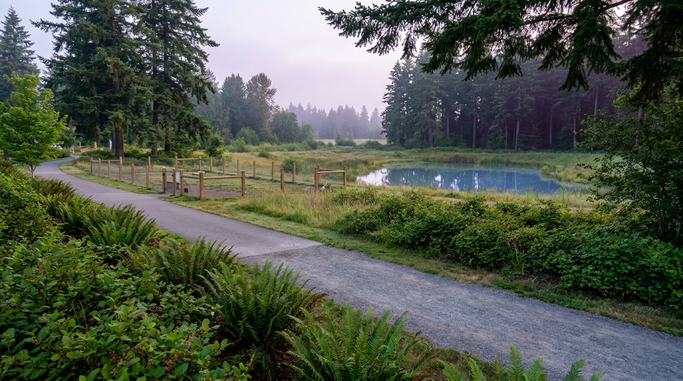 Maintained trail and dog park amenity inside The Bridges neighborhood on Lea Hill in Auburn, WA