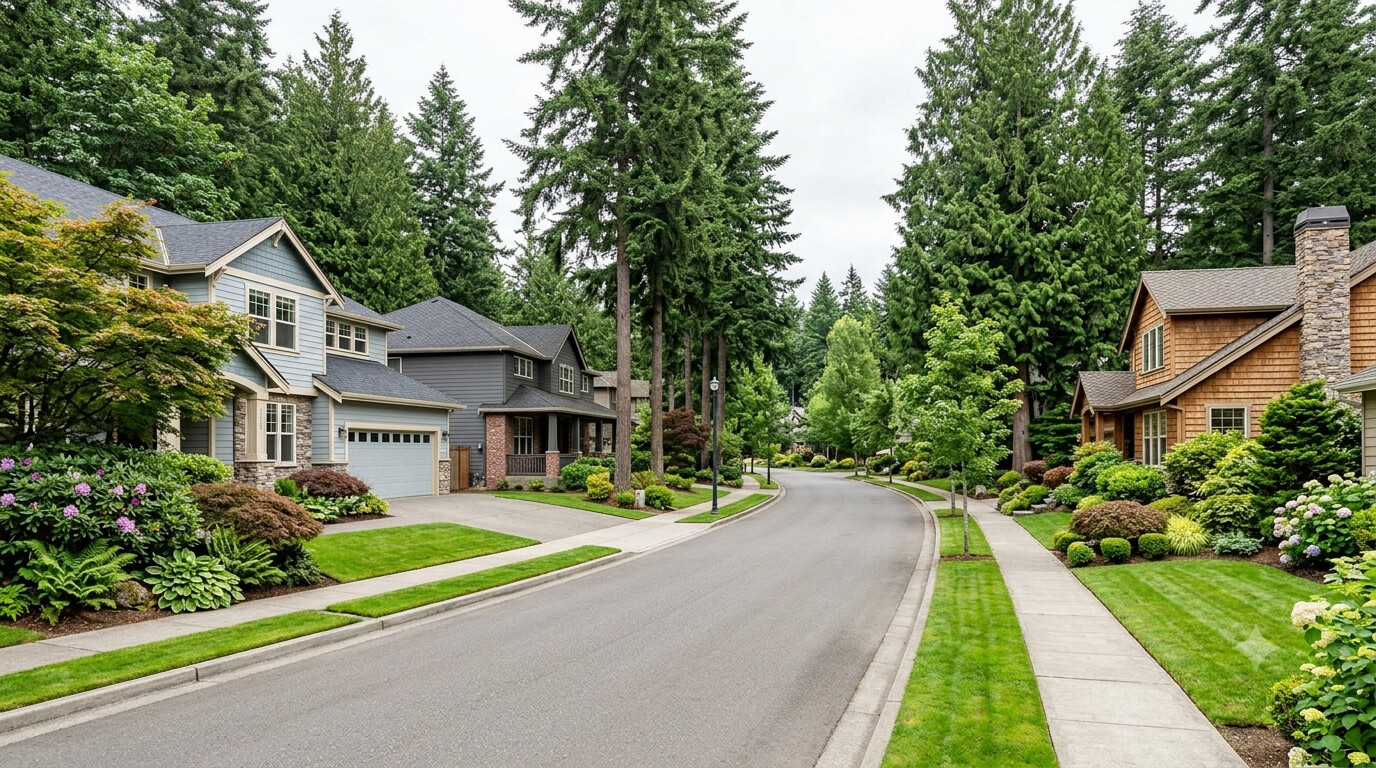Quiet residential street in Trossachs neighborhood, Sammamish WA