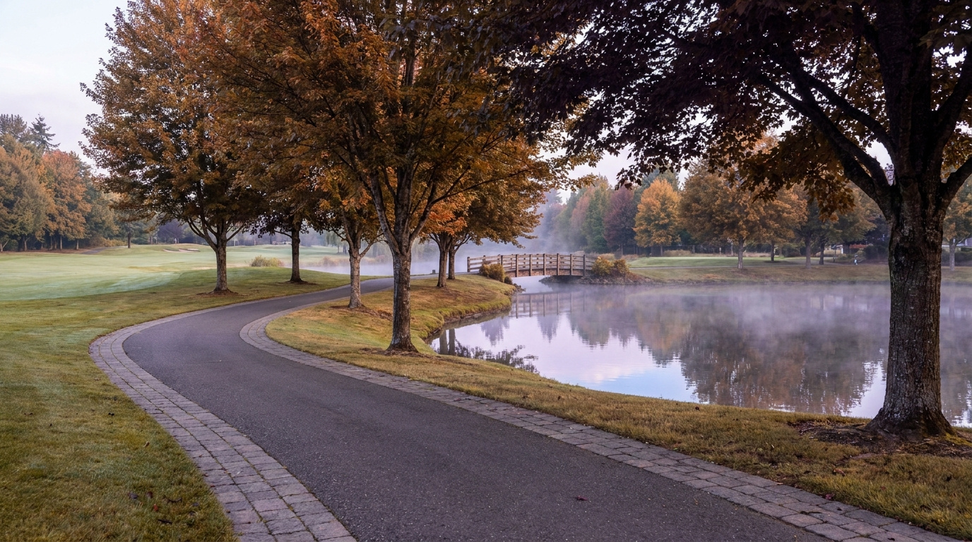 Golf course fairway and walking path beside a man-made lake in the Twin Lakes neighborhood of Federal Way, WA