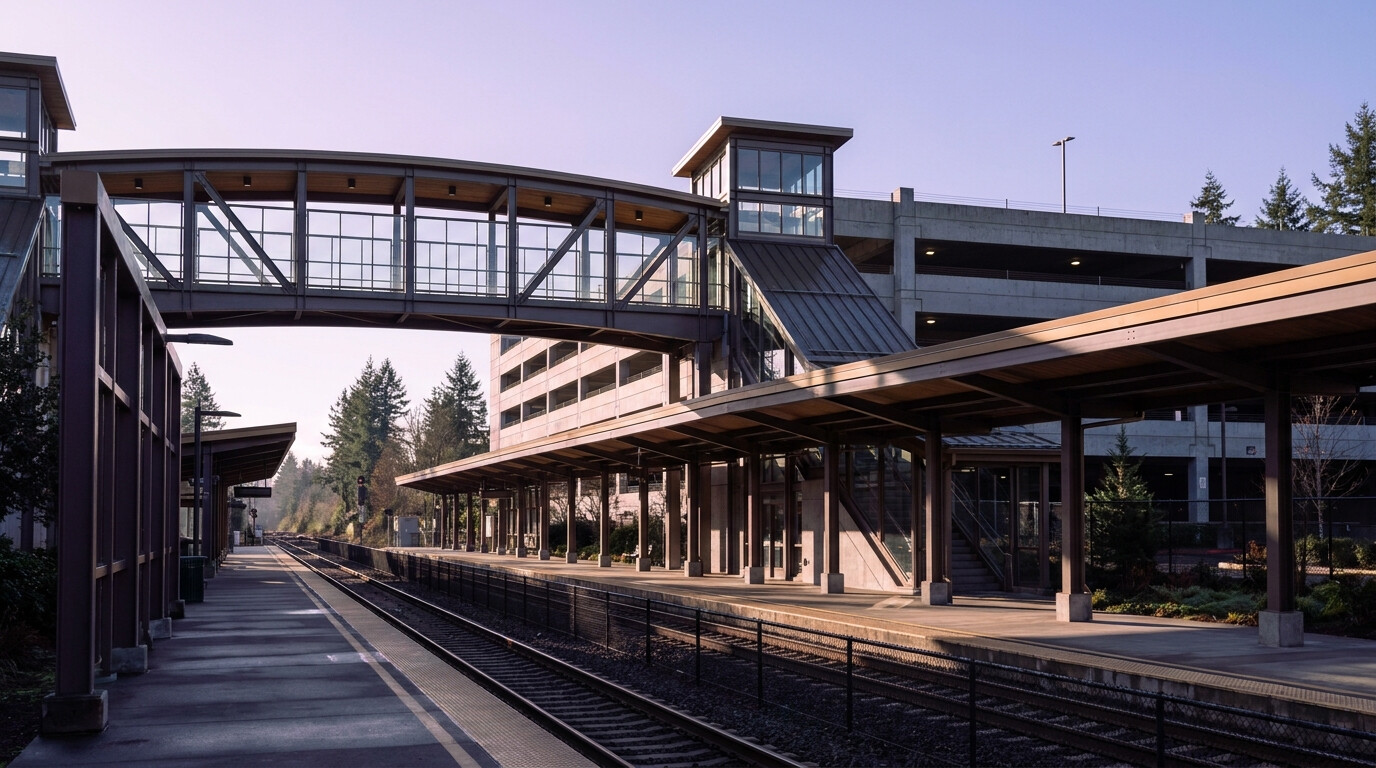 Auburn Station Sounder rail platform and pedestrian bridge in downtown West Auburn, Washington
