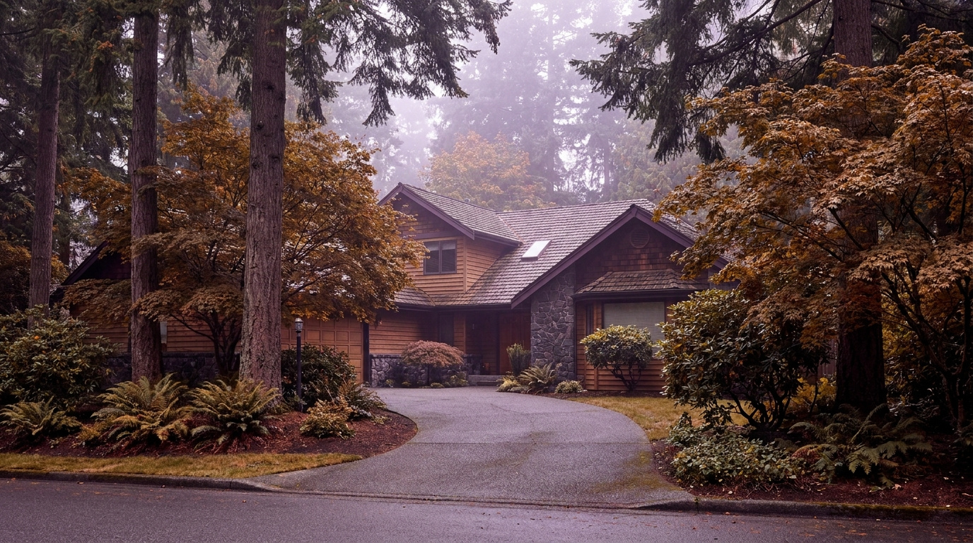 Large-lot single-family home exterior in Bridle Trails, Bellevue, Washington, representing 2026 real estate