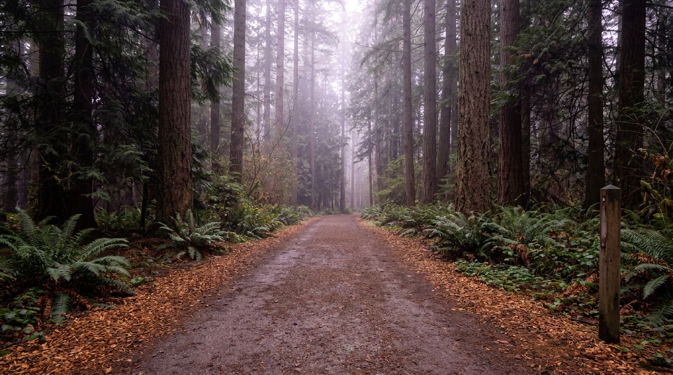 Forested equestrian trail through Bridle Trails State Park in Bellevue, Washington