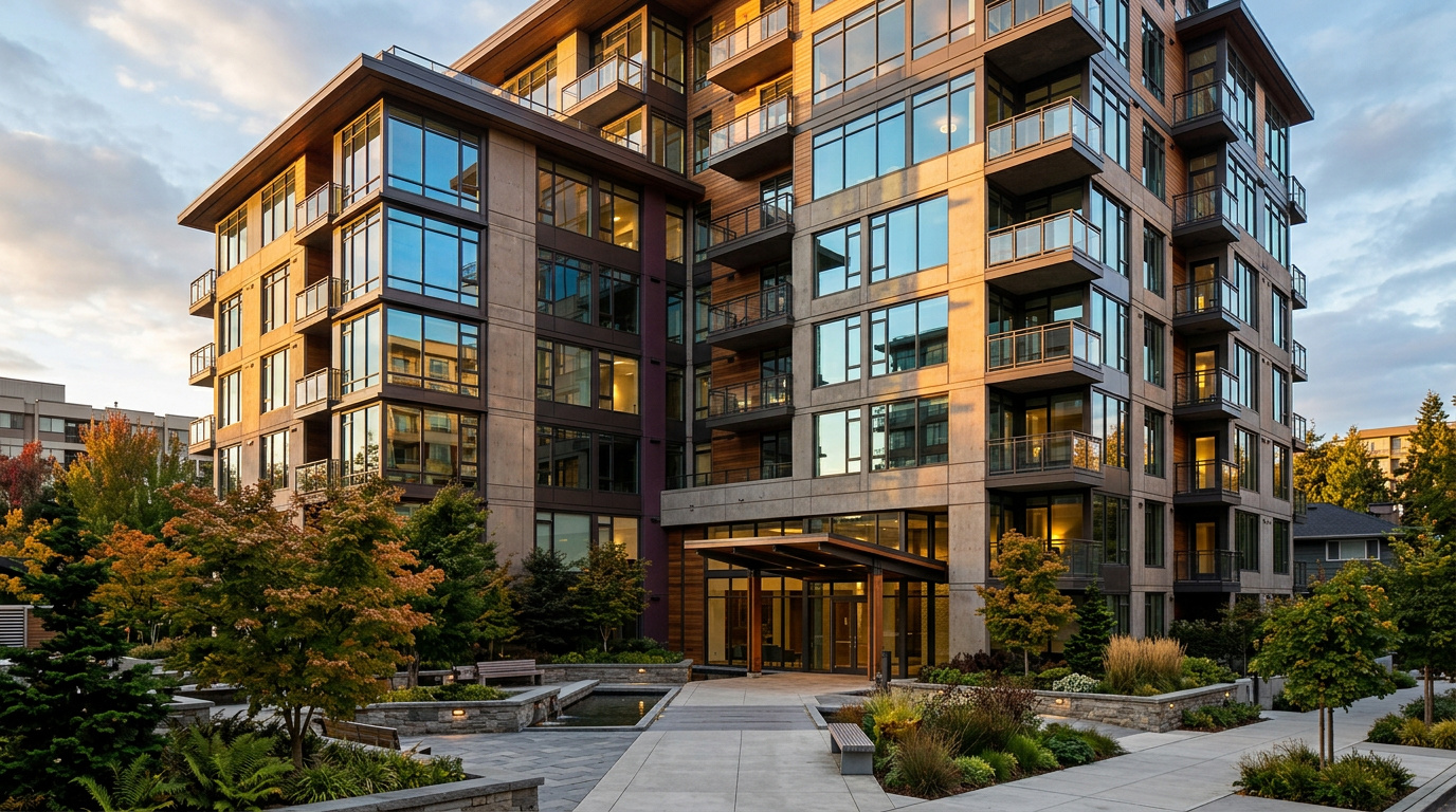Downtown Bellevue high-rise condominium building exterior representing 2026 real estate in the neighborhood