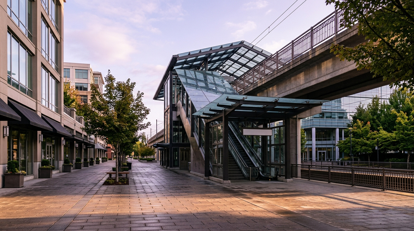 Downtown Bellevue light rail station entrance near Bellevue City Hall with pedestrians walking to the platform