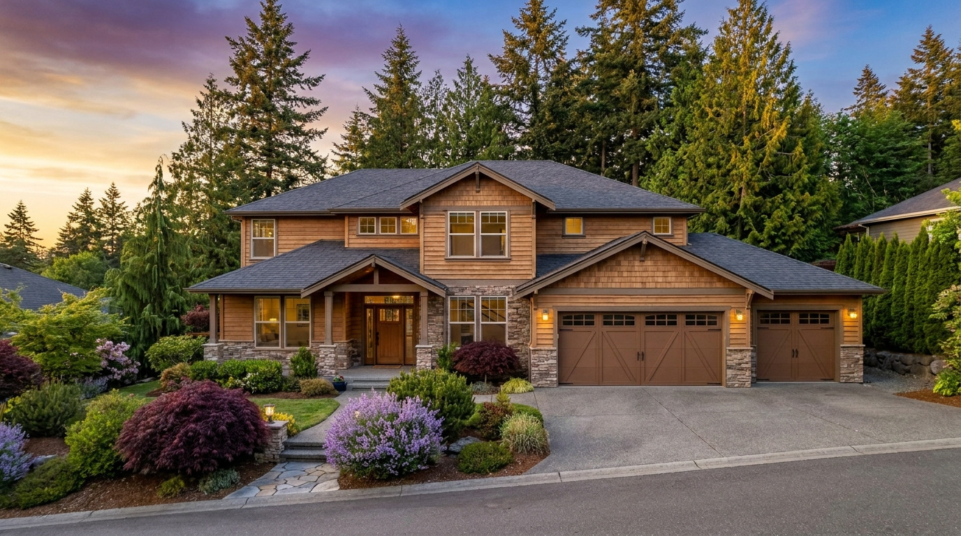 Newer construction single-family home exterior in Lakemont, Bellevue, Washington, representing 2026 real estate
