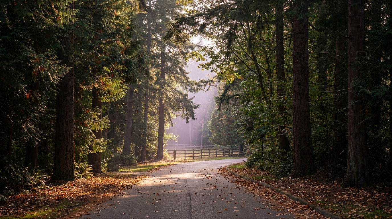 Wooded equestrian neighborhood street in Bridle Trails, Bellevue neighborhood of King County, Washington.