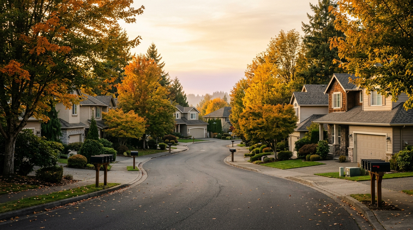 Established residential street in the Brittany Lane neighborhood of south Federal Way, King County, Washington.