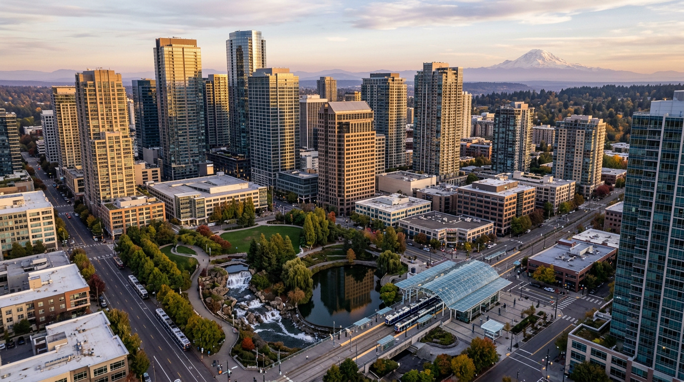 Downtown Bellevue skyline and light rail station, Bellevue neighborhood of King County, Washington.