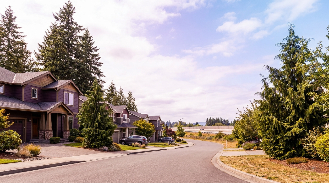 Established residential street in the Eastgate and Lakemont area of Bellevue, King County, Washington.