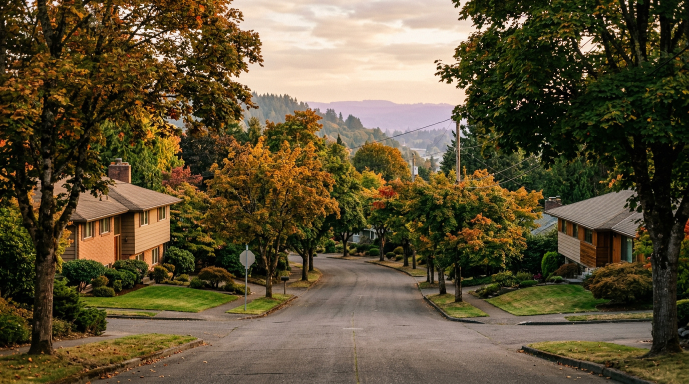 Established residential street with mature trees in Newport Hills, Bellevue neighborhood of King County, Washington.
