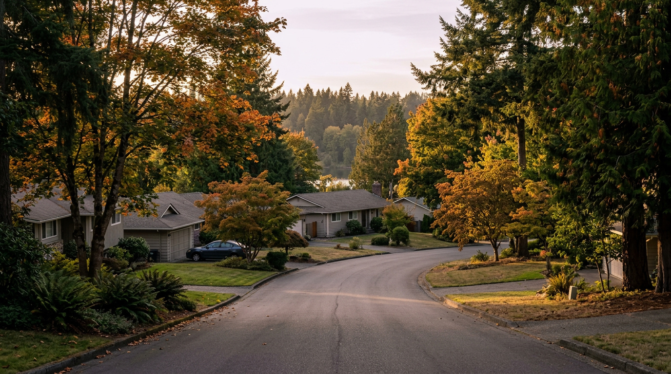Established residential street with ramblers and split-level homes in the North Federal Way / Jovita neighborhood, King County, Washington.
