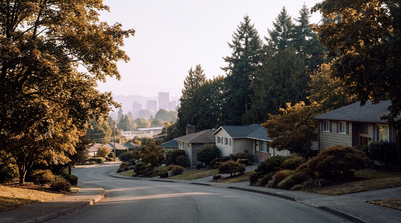 Established residential street on Scenic Hill overlooking downtown Kent, King County, Washington.