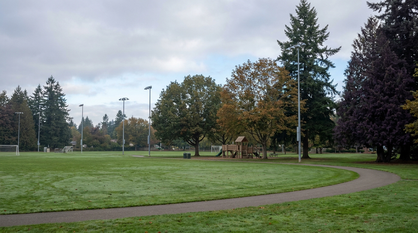 Newport Hills Park with soccer field and mature trees in the Newport Hills neighborhood of Bellevue, Washington