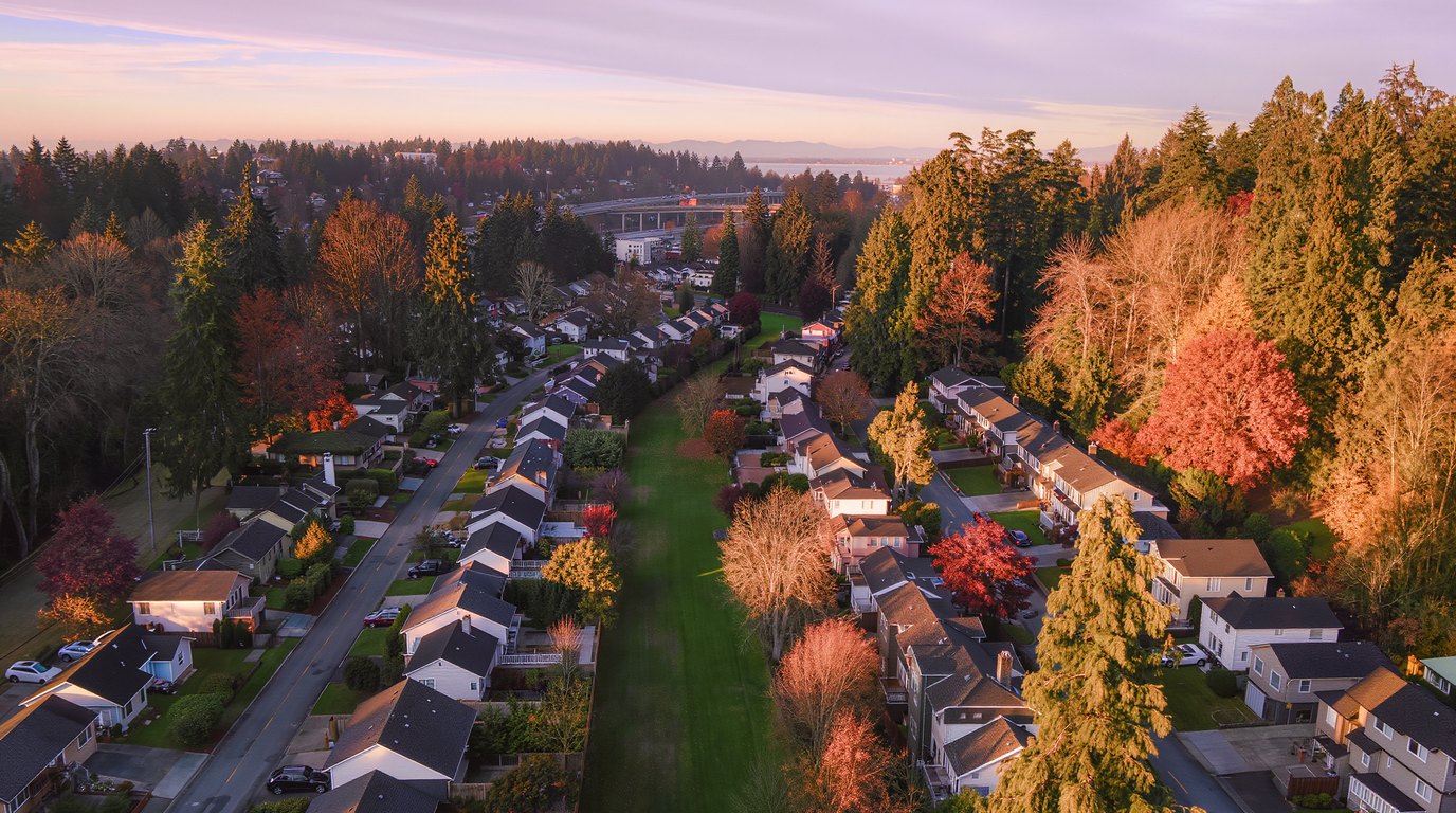 Aerial view of Renton WA residential neighborhoods with mixed tree canopy and rooftops, King County Washington