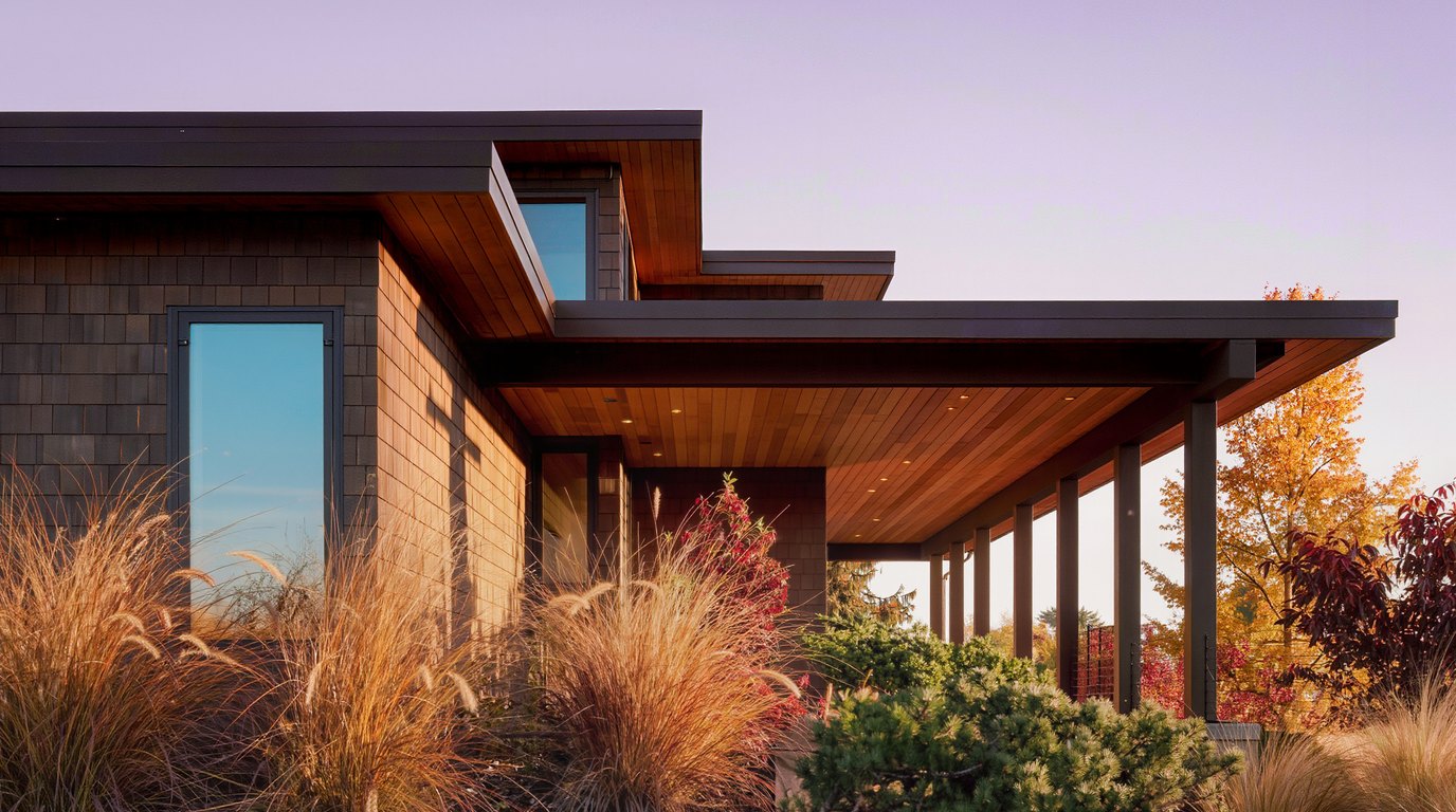 Well-maintained Northwest contemporary home exterior in Renton WA with covered porch and mature landscaping