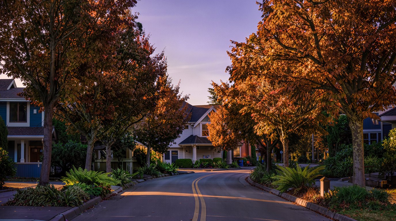 Quiet residential street in Renton WA with mature trees and craftsman homes, King County Washington