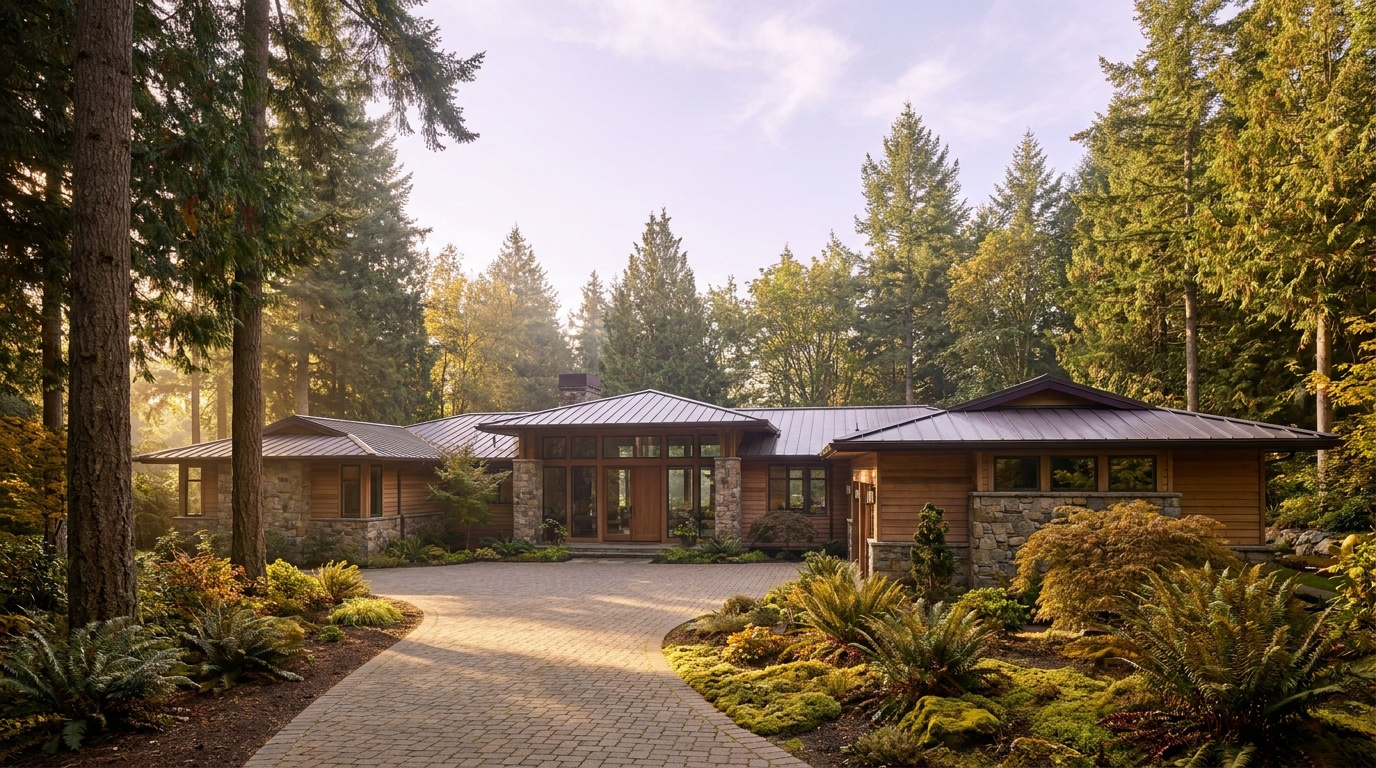 West Bellevue single-family lakefront-area home exterior representing 2026 real estate in Medina and Clyde Hill