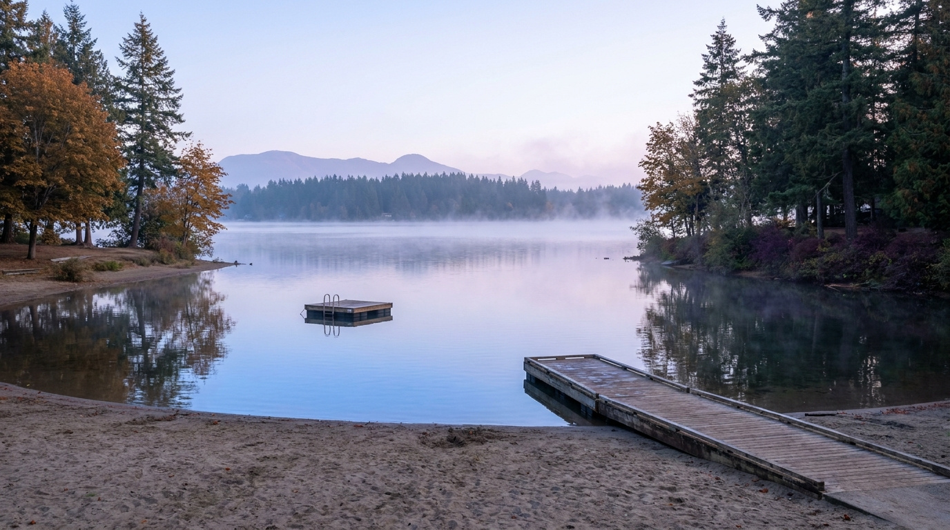 Medina Beach Park sandy shoreline on Lake Washington in West Bellevue with a dock and swim float