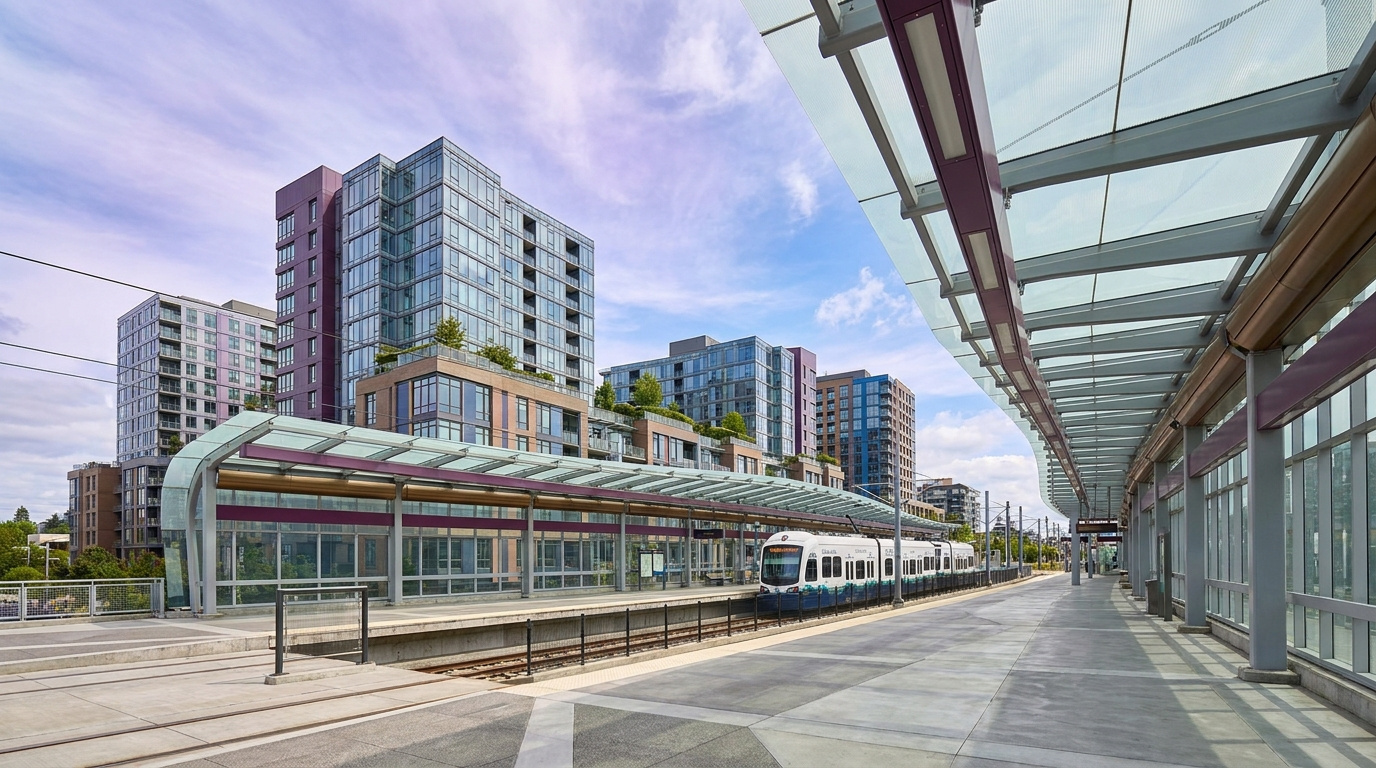 Modern light rail station platform with mixed-use development in the BelRed neighborhood of Bellevue, Washington