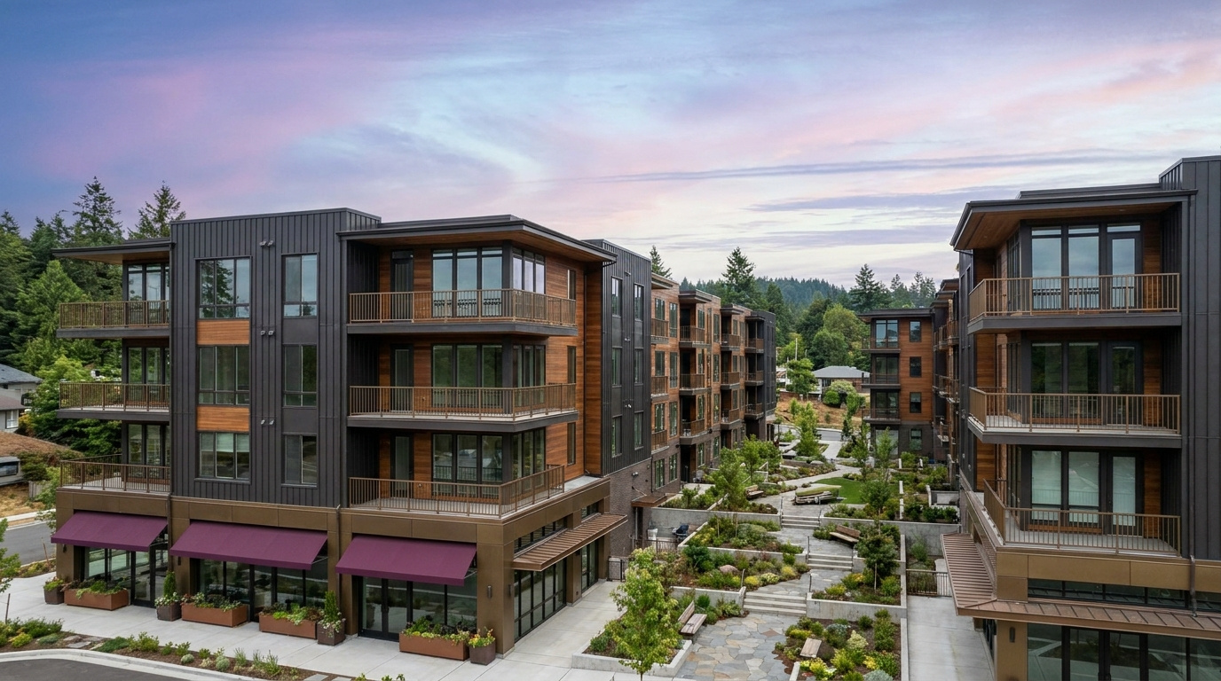 New construction mixed-use residential building in the BelRed neighborhood of Bellevue, Washington, representing 2026 real estate