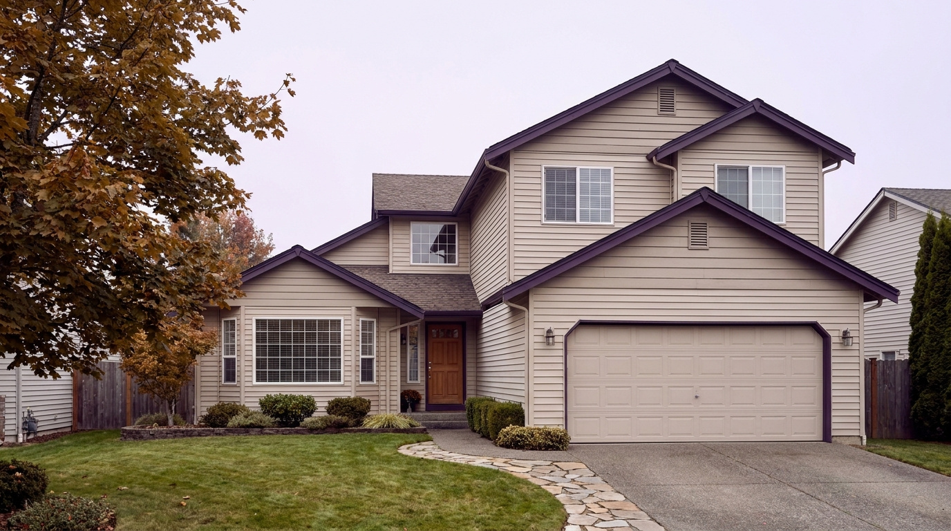Two-story home exterior typical of the Wynstone neighborhood of Federal Way, Washington, built in the 1990s and 2000s