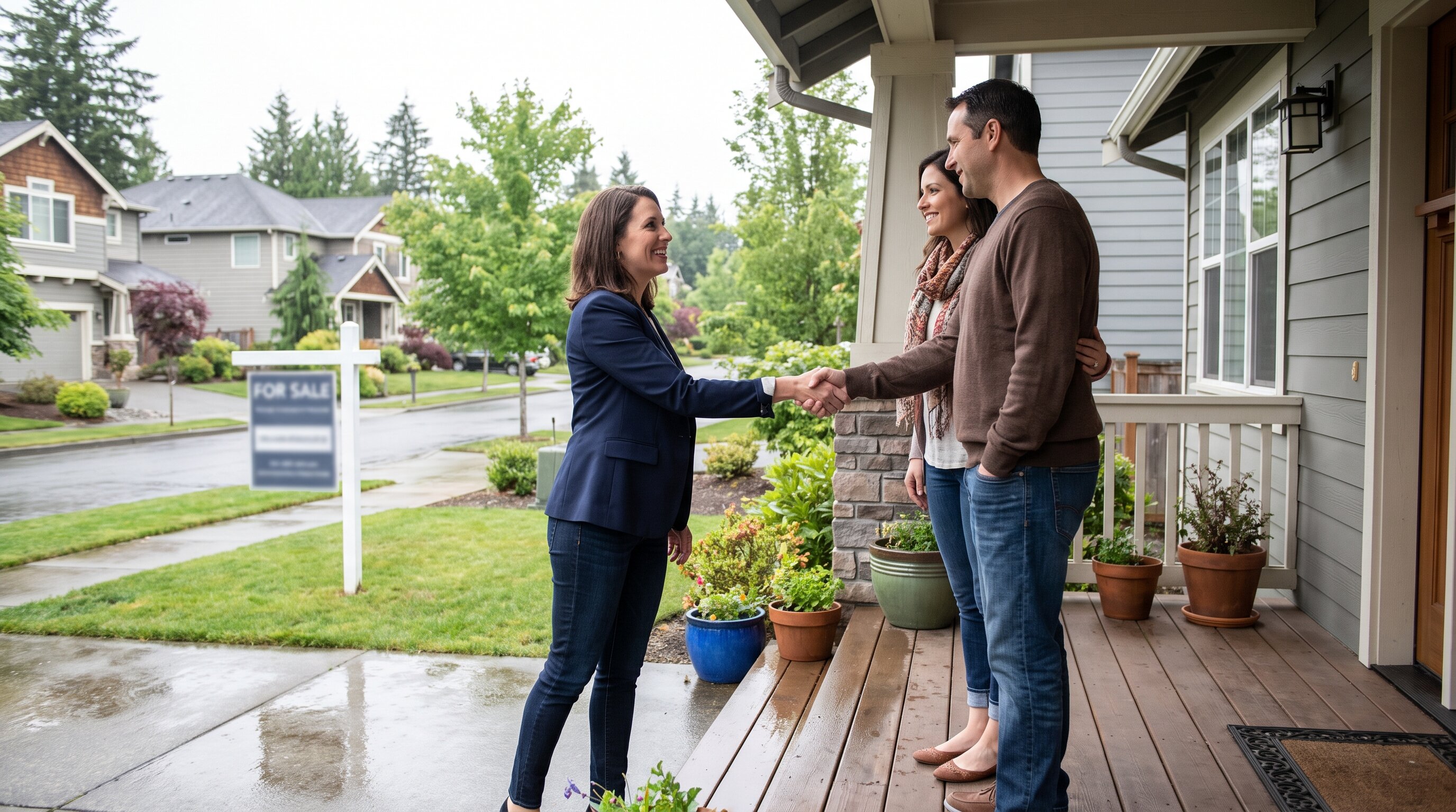 Real estate agent and King County homeowners discussing a home sale