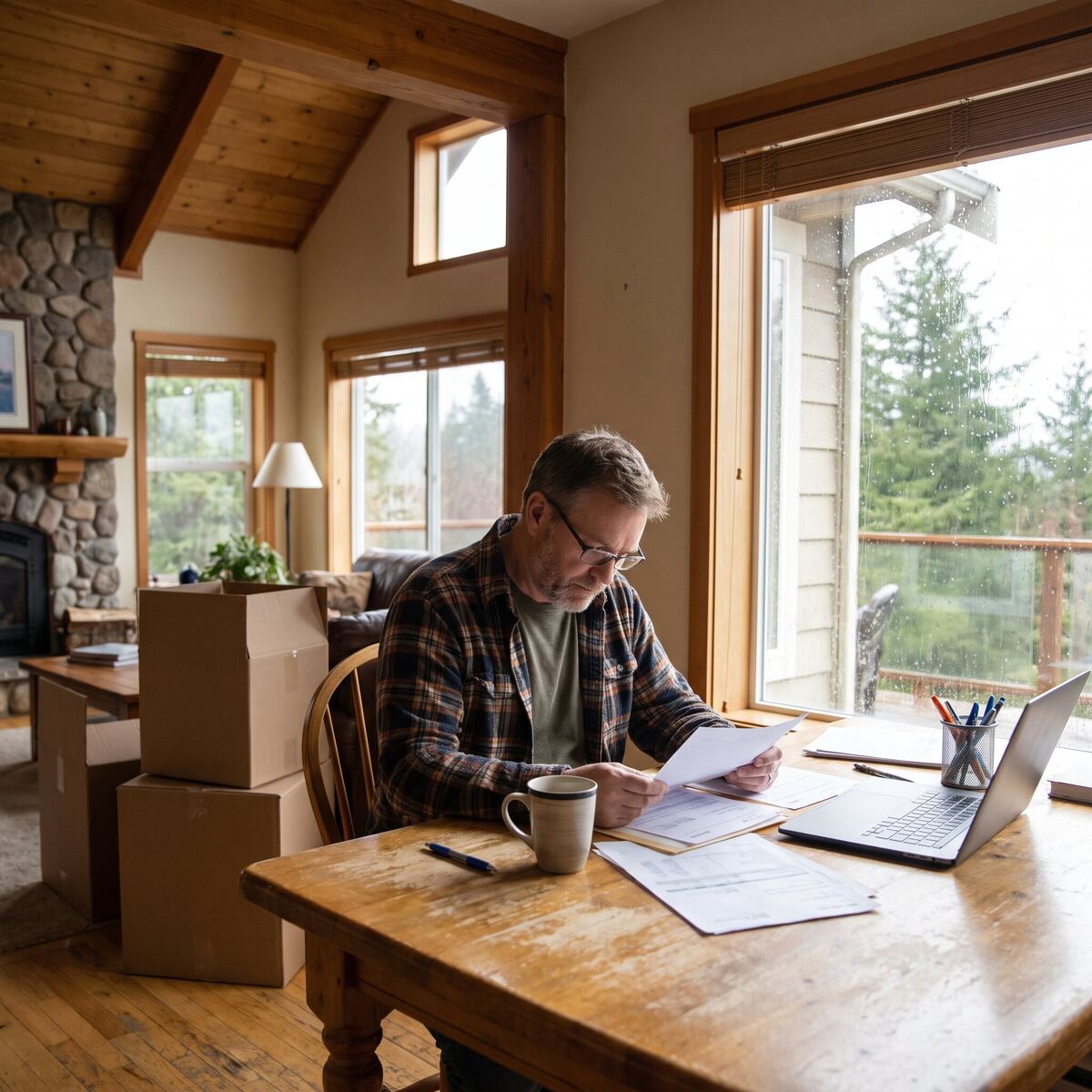 King County homeowner reviewing paperwork before buying a next home, WA