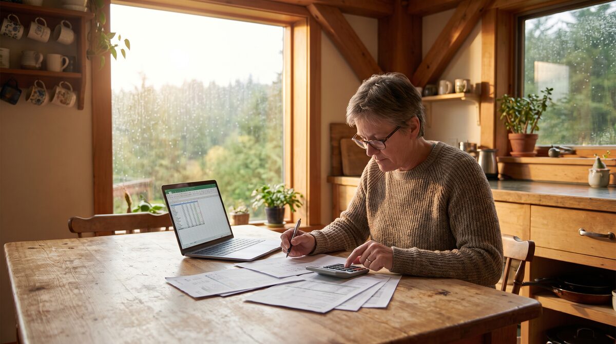 King County homeowner reviewing capital gains paperwork and calculator at home