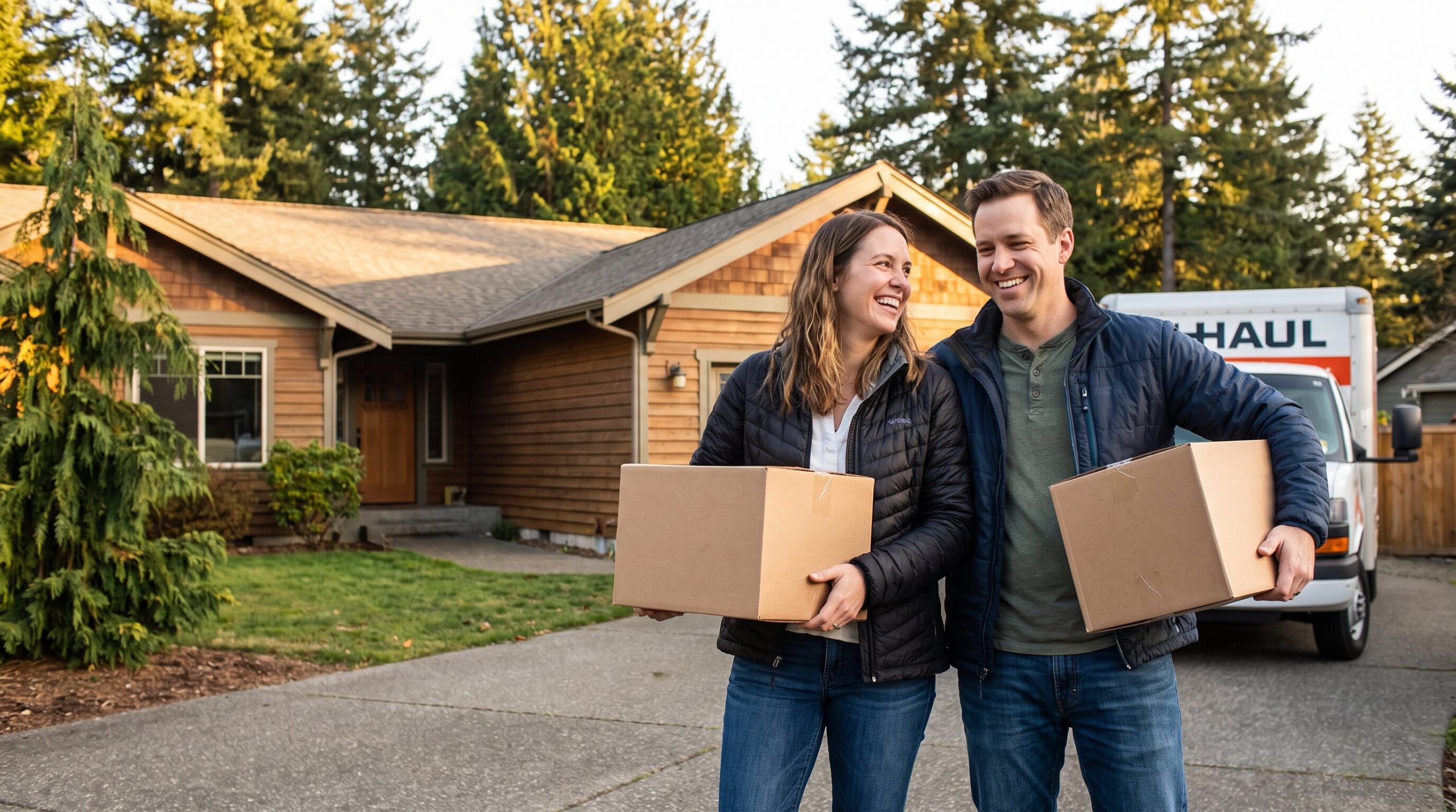 Move-up sellers packing a moving truck outside a South King County home