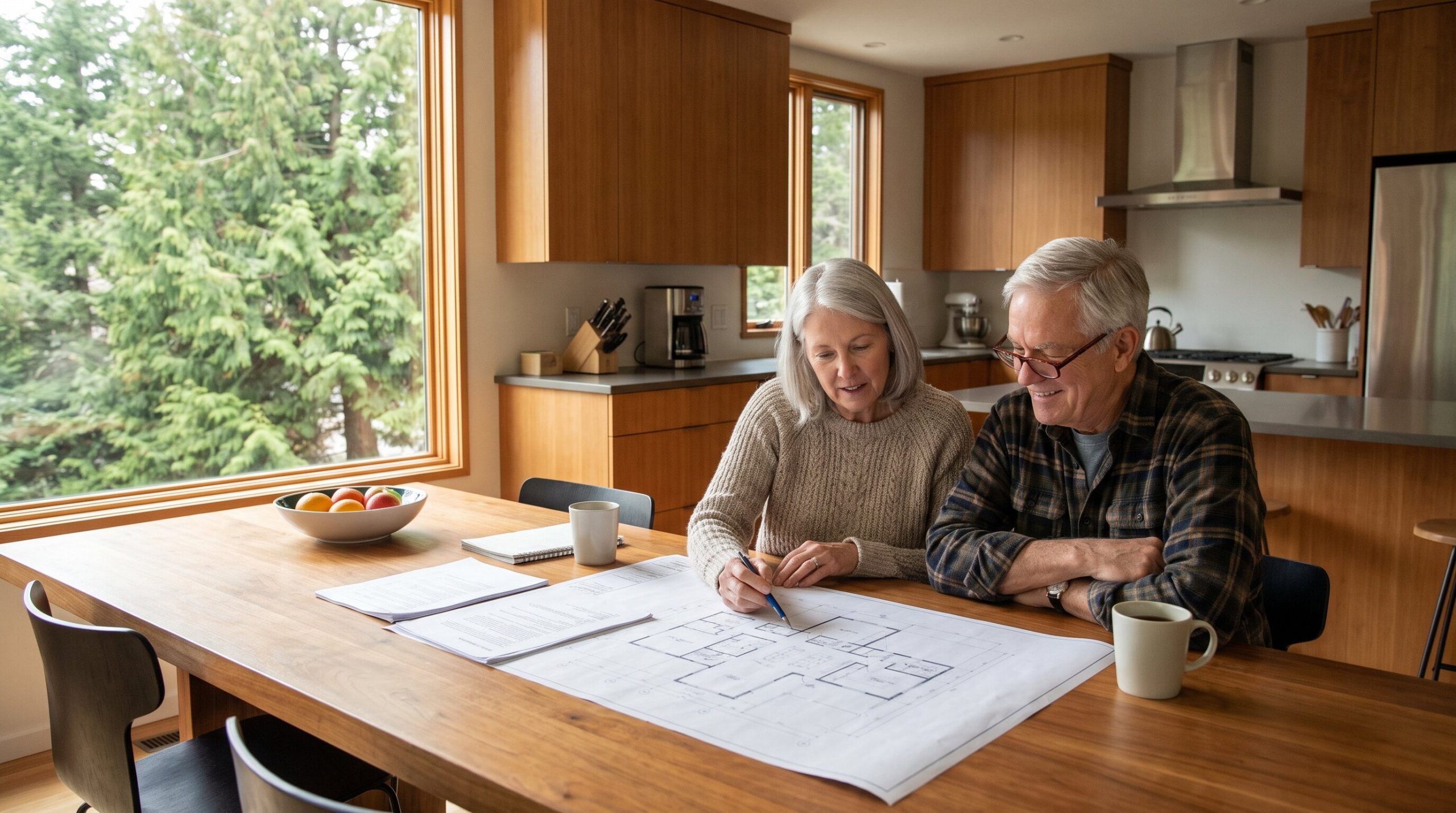 Couple reviewing a floor plan and paperwork while downsizing their Eastside King County home