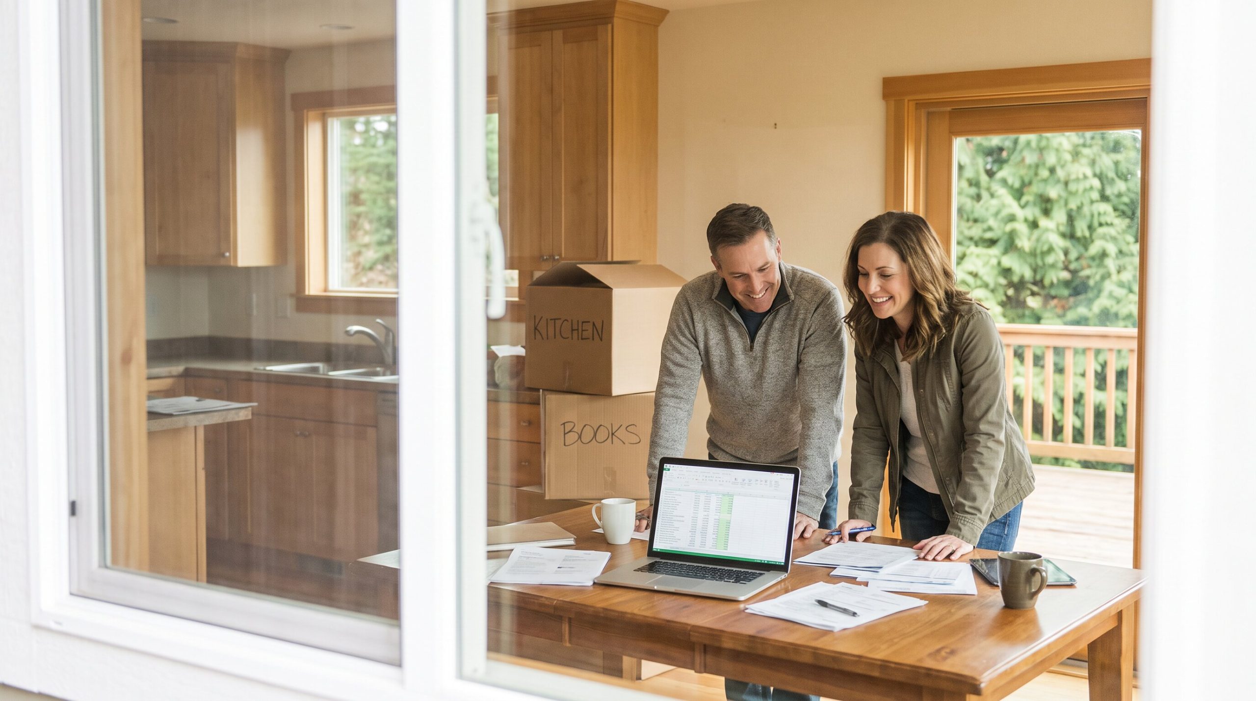 Couple reviewing closing paperwork and timeline at home in King County, WA